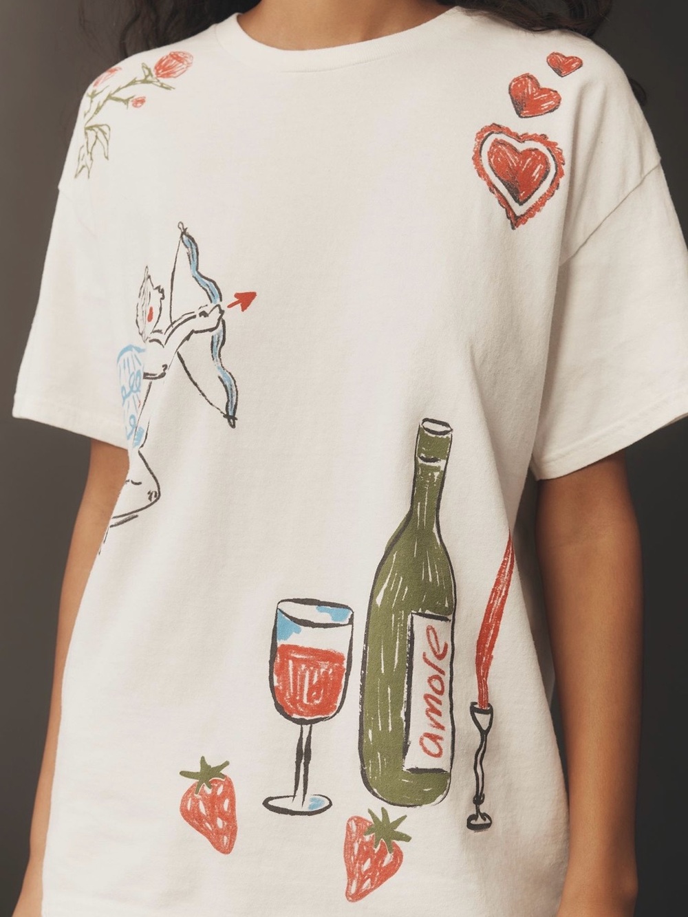Anthropologie White Graphic Tee with Red & Green Accents